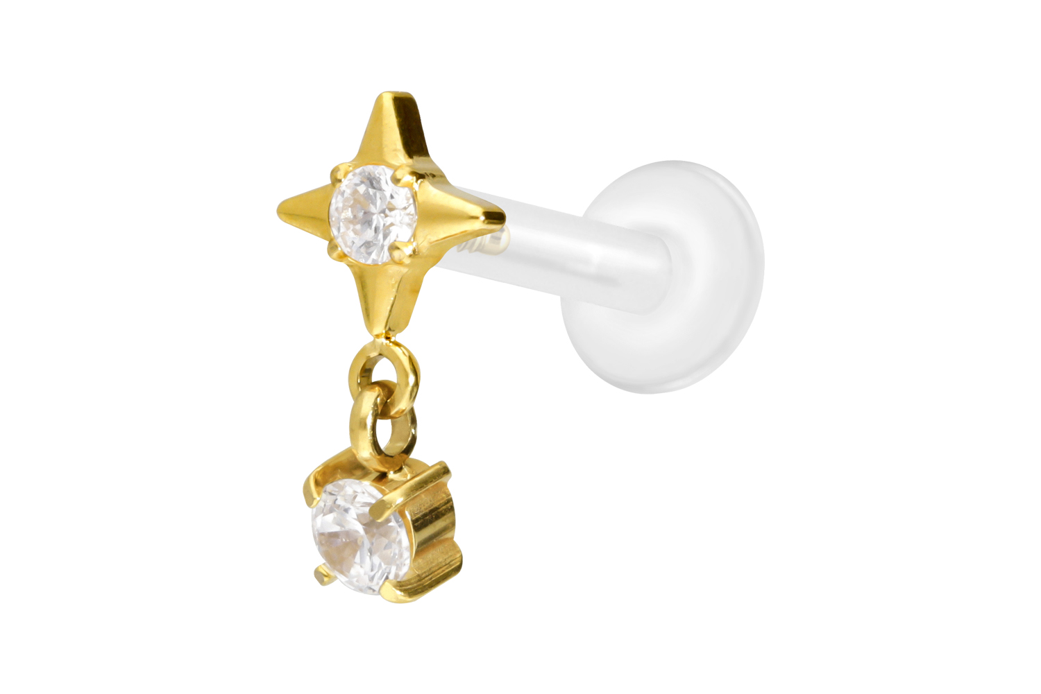 PTFE Labret Piercing mit Innengewinde + Titan-Aufsatz STERN + KRISTALL